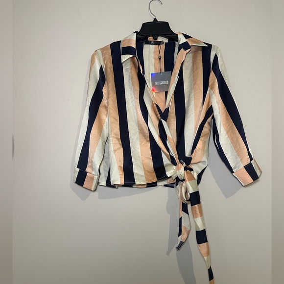NWT Missguided Wrap Tie Side Stripe Blouse - Picture 7 of 8